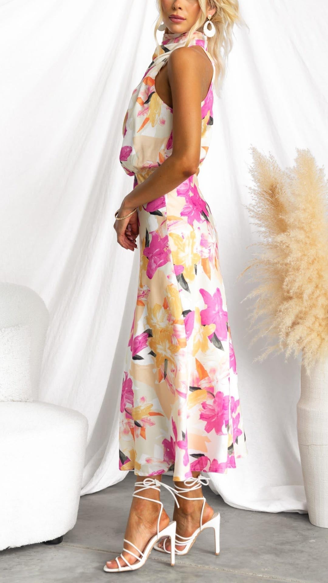 Minirva -  Floral Charm High-Neck Midi Dress