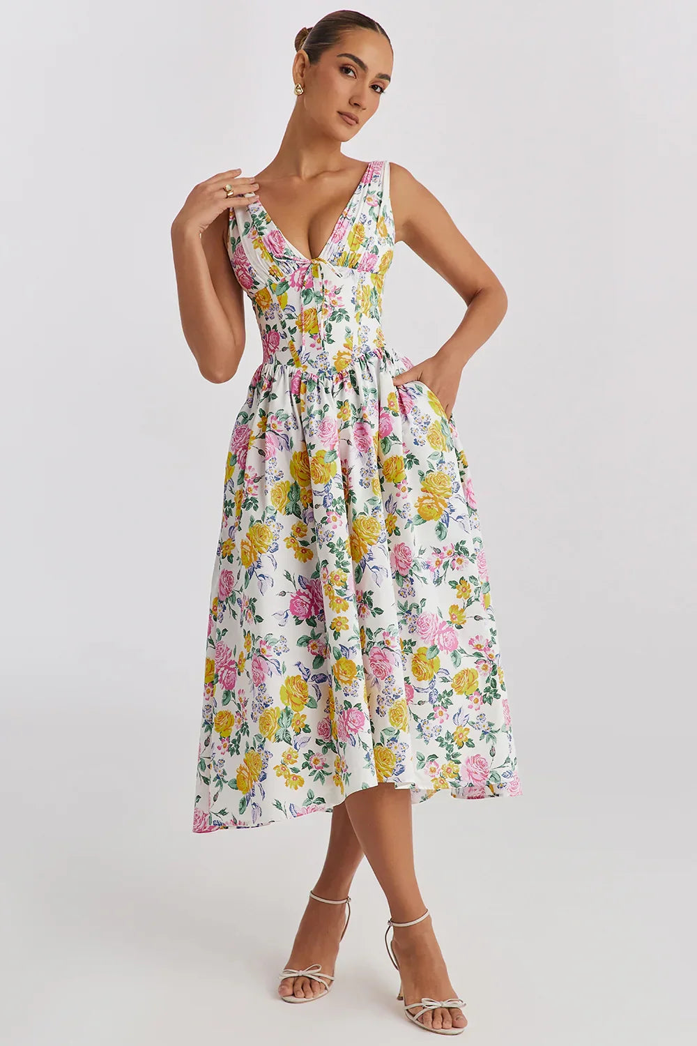 Ariana - V Neck Corset Flare Midi Dress